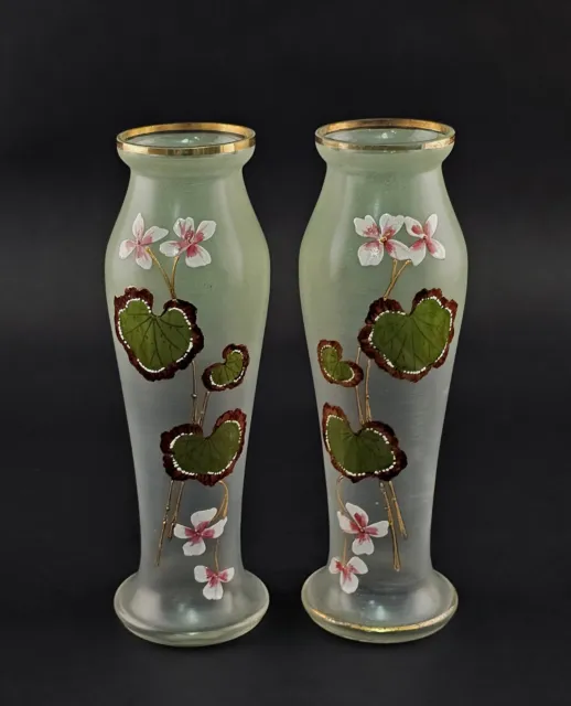 9235032 Pair Glas Vases Art Nouveau Bohemia Um 1900 Email Painting Flower H 10in