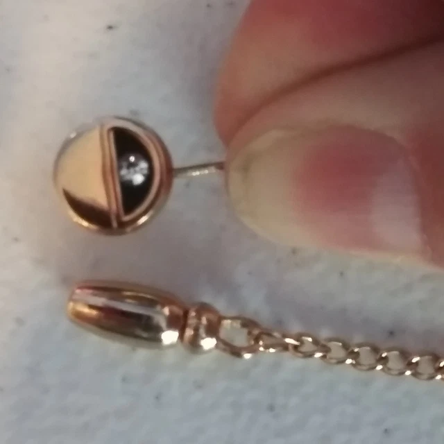 Vtg Hickok Rhinestone Black Enamel Tie Tack Pin Neck Tie Clip w Chain Gold Tone