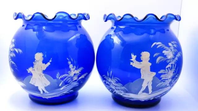 Fine Pair Genuine 19th Century Hand blown Blue Mary Gregory Glass Vases