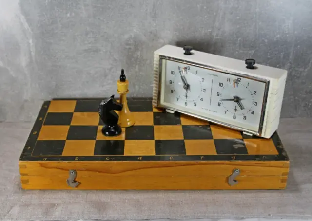 Antique wooden chess and clock, Soviet table chess for tournaments