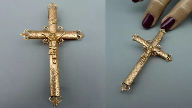 MMTU JA Antik Biedermeier Prunk Kreuz Brosche Kruzifix 585 Gold 14K verziert alt