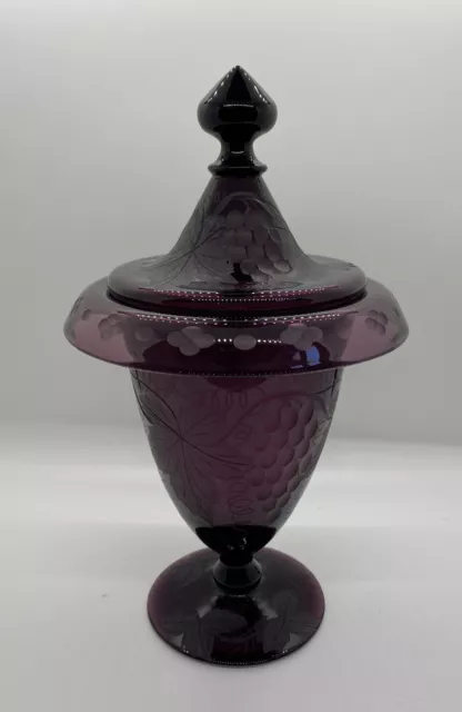 Pairpoint Glass Amethyst Purple 9” Urn Jar w/ Lid - Grape Design - Vintage