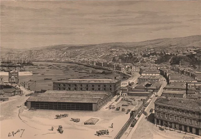 Valparaiso - View from the Harbour. Chile 1885 old antique print picture