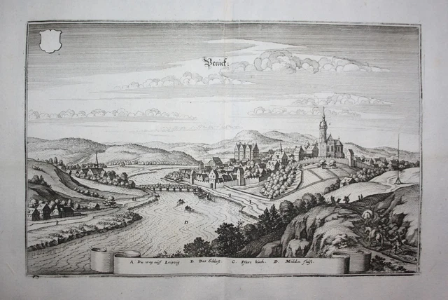 Penig Zwickauer Mulde Sassonia Vista Engraving Incisione Merian 1650
