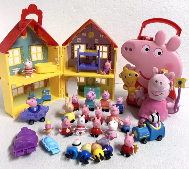Peppa Pig Toy Lot with House and some Furniture, Plush, Case, 2 Cars, 21 Figures