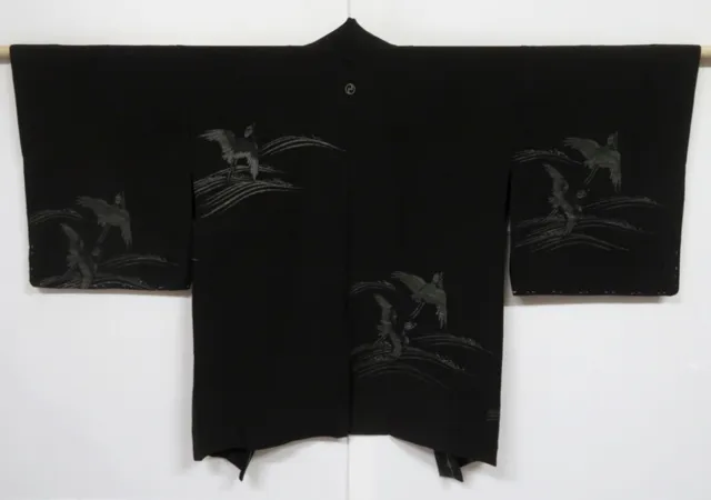 0309N06z290 Vintage Japanese Kimono Silk HITOE HAORI Black Sparrow