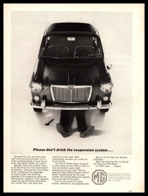 1965 MG 1600 Sport Sedan "Please Don't Drink The Suspension System"  Print Ad