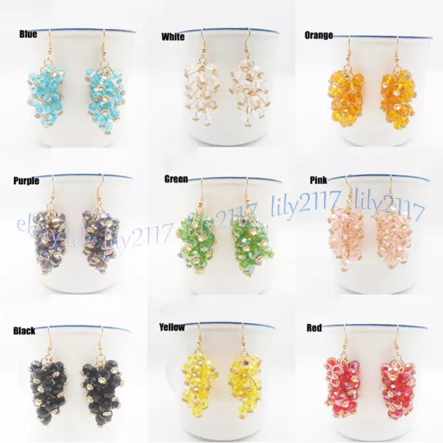 Faceted Multicolor Crystal Glass Rondelle Beads Grape Dangle Gold Hook Earrings