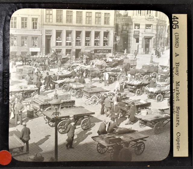 9-405 Magic Lantern Glass Slide Photo Market Square Copenhagen Denmark