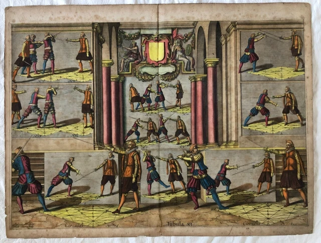 Rare Antique Color Engraving 1628 FENCING Andreas Stockius 72.2x54.7cm