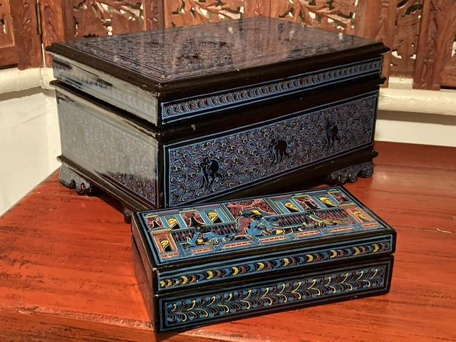 2 STUNNING VINTAGE BLUE BURMESE/ORIENTAL PAINTED & LACQUERED Chests/boxes