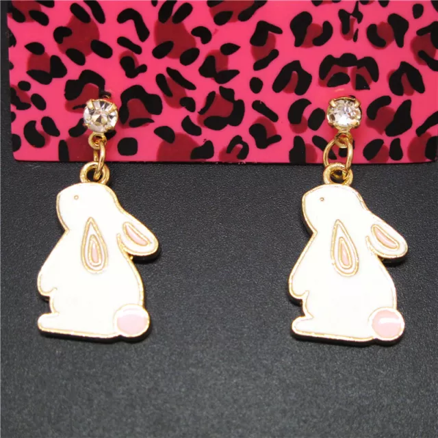 New White Enamel Cute Rabbit Animal Crystal Fashion Lady Women Stand Earrings
