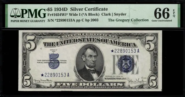 1934D $5 Silver Certificate FR-1654* Wide I - Star Note - Graded PMG 66 EPQ