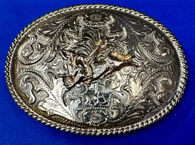 Western Rodeo Cowboy Flower Swirl Two Tone Oval Belt Buckle - Alpaca Mexico