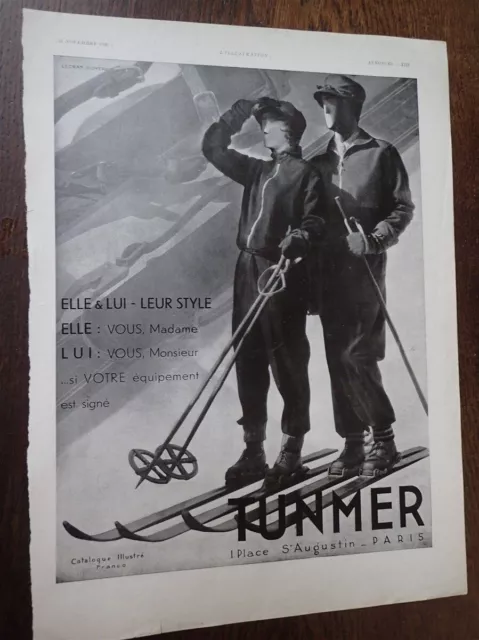 TUNMER ski photo A VIGNEAU + bouclé MONTAGNAC publicité papier ILLUSTRATION 1930