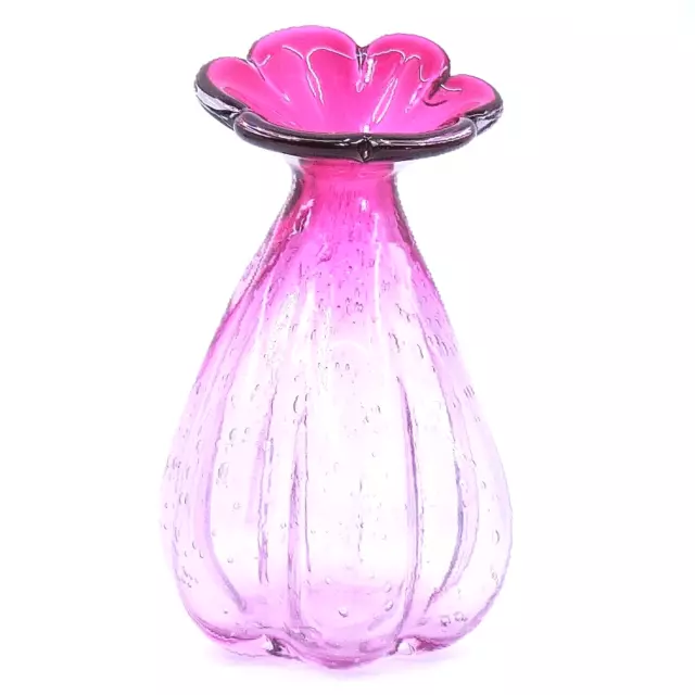 Global Amici Hand Blown Pink Flower Bubble Art Glass Vase Murano Style 8" Tall 3