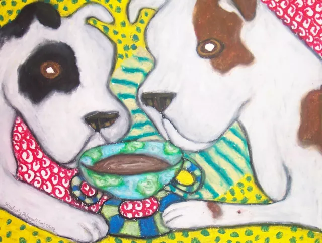 AMERICAN BULLDOG Drinking Coffee Dog Art 8 x 10 Signed Print Modern Artist KSams