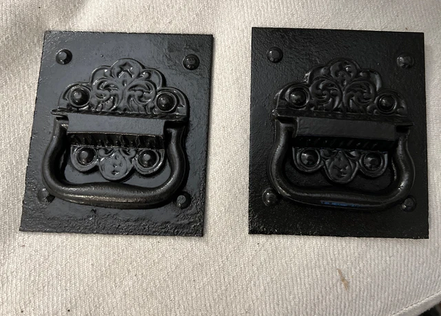 Vintage Pair of Ornate Cast Iron Chest Handles from Strong Box