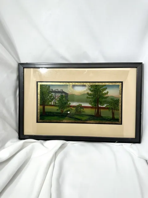Antique Reverse Painting On Glass Tablet For Clock Part House Tree Scene Framed