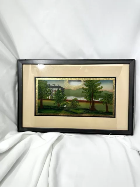 Antique Reverse Painting On Glass Tablet For Clock Part House Tree Scene Framed Antique Reverse Painting On Glass Tablet For Clock Part House Tree Scene Framed