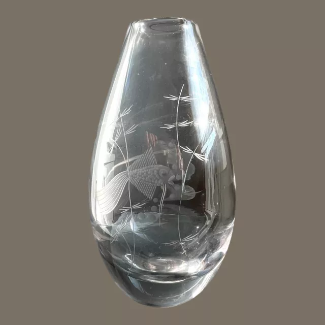 Vintage Glass Vase Kosta Boda Etched Koi Fish  orrefors carp TALL HEAVY crystal