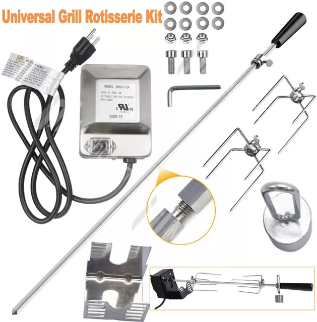 4W Electric Rotisserie BBQ Grill Roaster Spit Rod Camping Chicken Pig Motor Kit