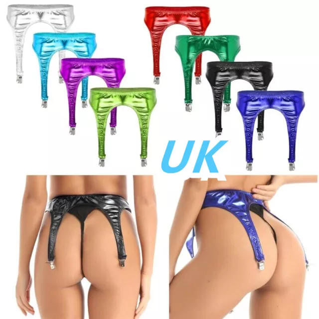 UK Womens Shiny Metallic PVC Leather Stockings Metal Clips Suspender Garter Belt