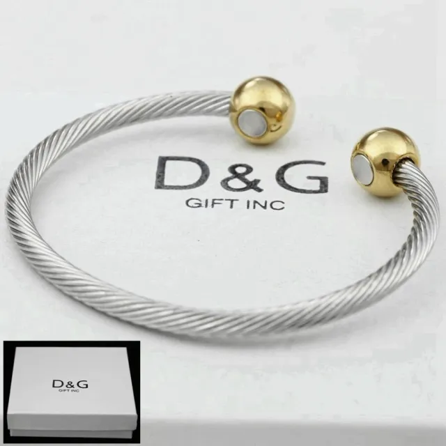 DG Men's 7" Stainless Steel,Cuff Cable Magnetic,Bracelet*Gold plated Unisex*Box