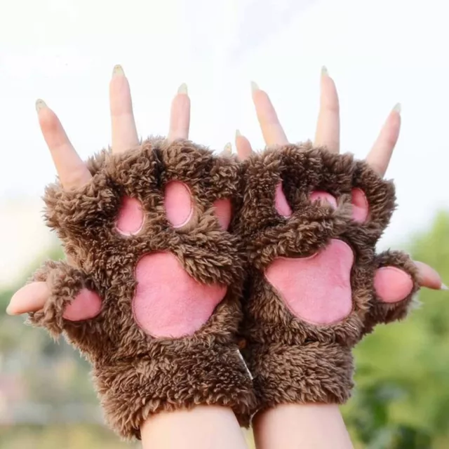 Stylish Functional Gloves Half Finger Women's Plush Cat Paw Claw Cozy Winter