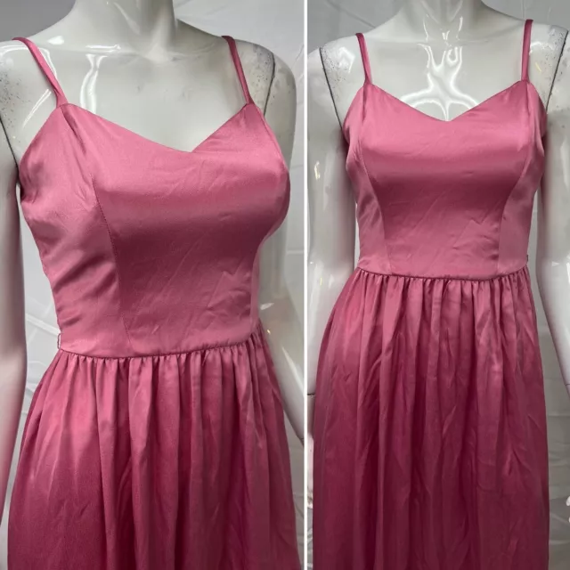 Vintage Strappy Pink Satin Pleated Long 60s 70s Princess Formal Gown Dress XS 2