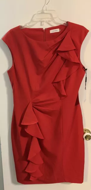 Calvin Klein Red Sheath Ruffle Dress -Size 12
