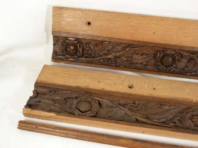 2 Antique Hand-Carved Oak Architectural Salvage Trim Pieces Floral/Leaf 24 x 5" 5