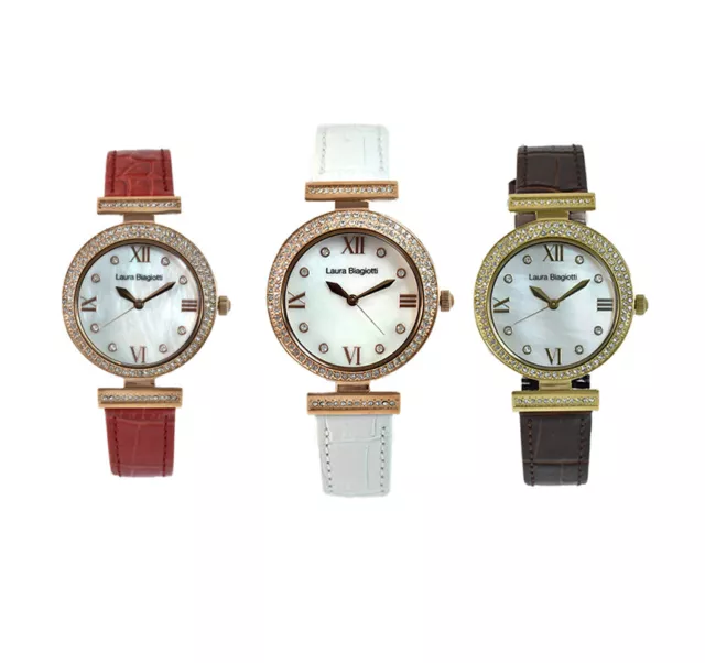 Womens Watch LAURA BIAGIOTTI Leather Swarovski Gold Rose Mother Pearl White