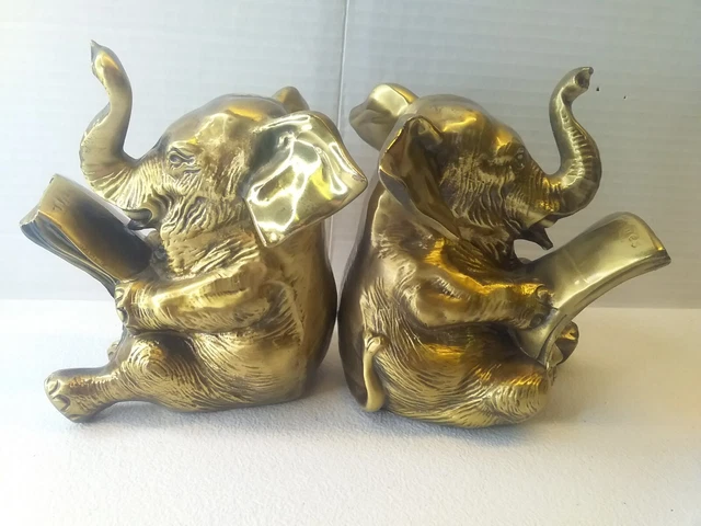 Vtg Pair Of Elephants "Reading The Times" Republican 6'' Heavy Cast Metal Figure