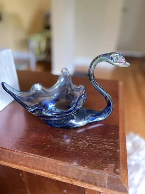 Vintage 1940s Blue Swirl Murano Style Hand Blown Art Glass Swan Bowl Dish