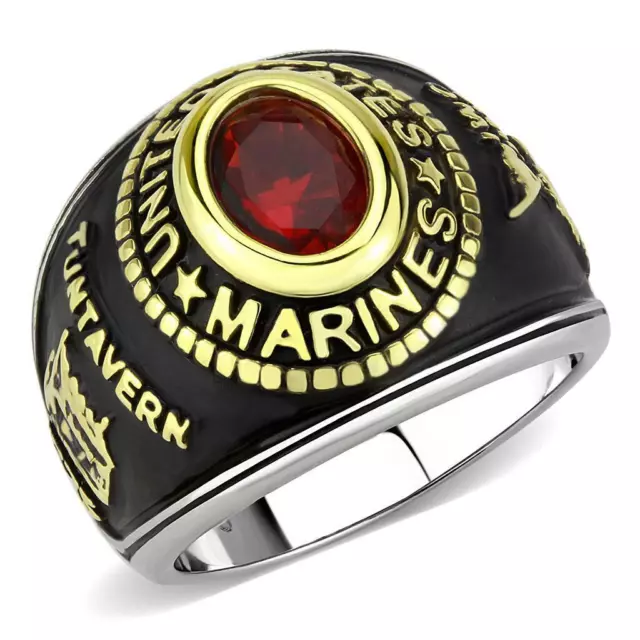 Mens marines ring gold red ruby stainless steel