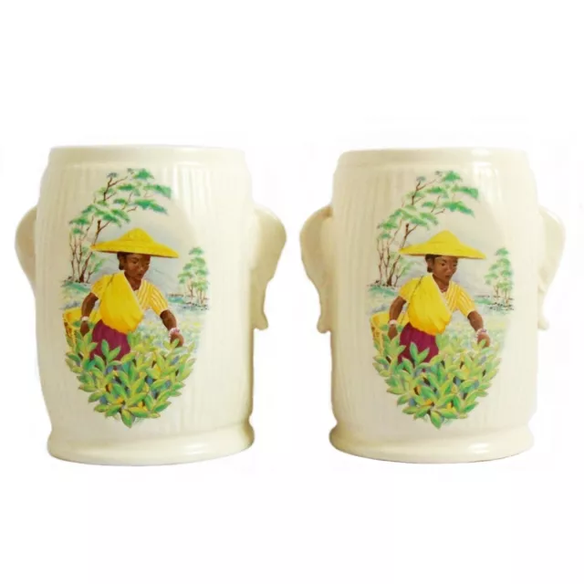 Sylvac Vintage Tea Caddy Storage Jars Indian Tea Leaf Picker 1950s Pottery Vases