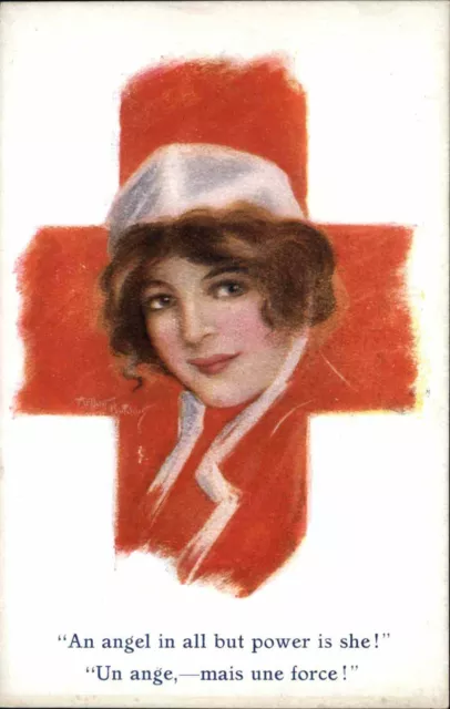 WWI Red Cross Nurse Nursing "Angel in all but power is she" Vintage Postcard