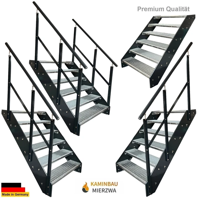 Premium Außen -Treppe 6 Stufen Breite 60-140cm H: 114cm  Wangen & Geländer Anth.