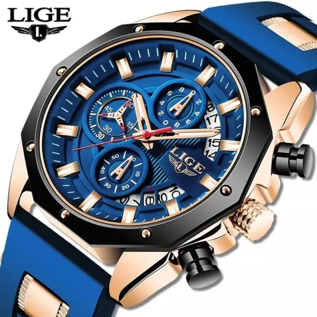 LIGE Fashion Mens Luxury Silicone Sport Watch Quartz Date Chronograph Waterproof