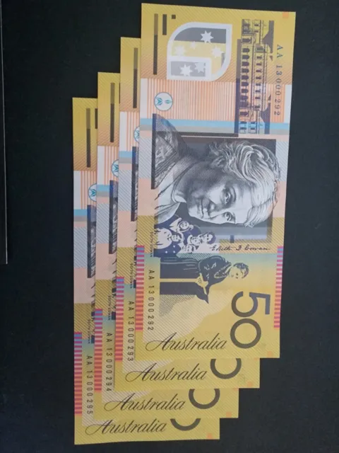 Australian "AA" 50 Dollar Notes 4 Consecutive Serial Numbers Uncirculated 2