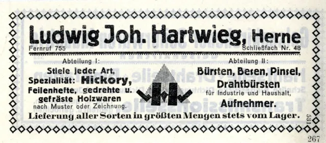 Ludwig Joh. Hartwieg Herne Hickory Bürsten Besen Pinsel Historische Reklame 1925