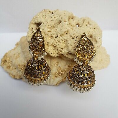 Boho Ethnic Traditional Bell Vintage Gold Pearl Tassel Bollywood Jumka Earrings