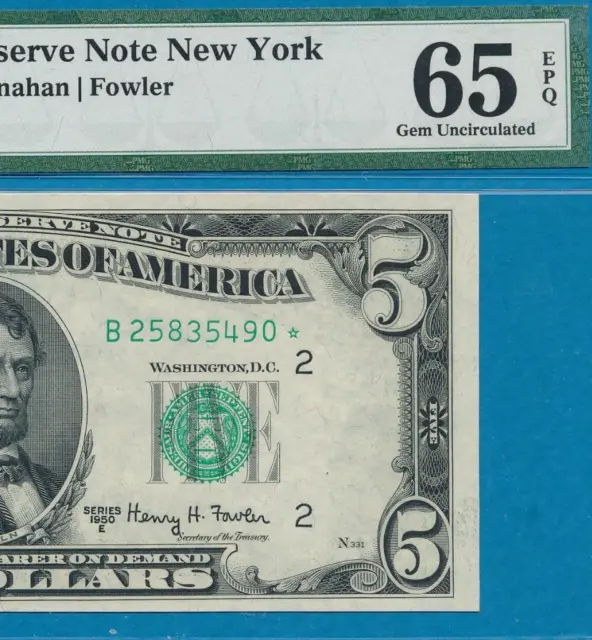 $5.00 1950-E  Scarce Star New York  District Federal Reserve Note Pmg Gem 65Epq