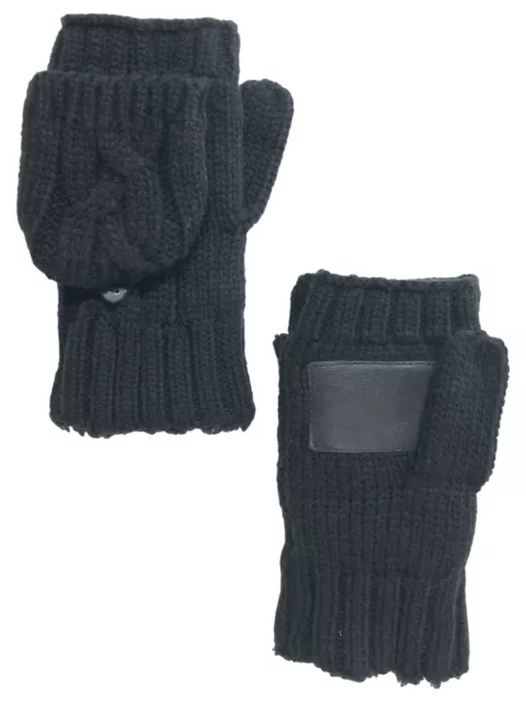 Isotoner Womens Black Cable Knit Sherpa Soft Fingerless Convertible Gloves