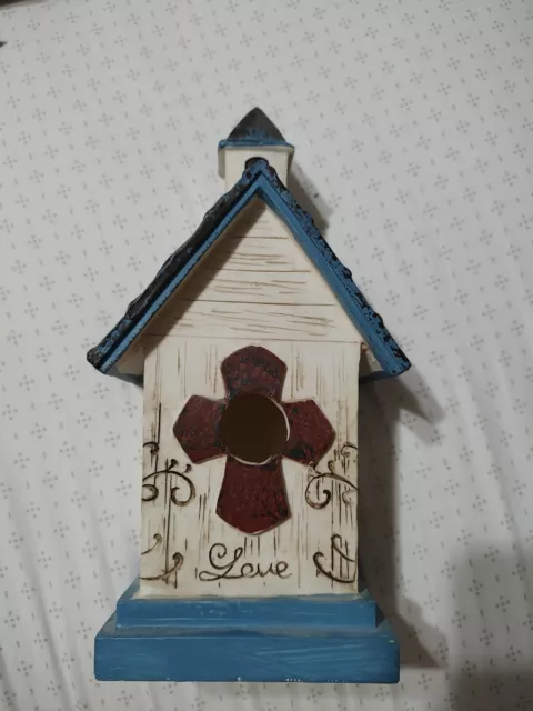 Plastic Birdhouse Blue Steeple Cross Love 10.5" Tall