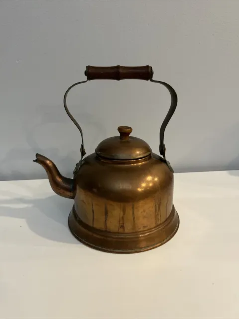 Antique Copper Tea Kettle With Wooden Handle