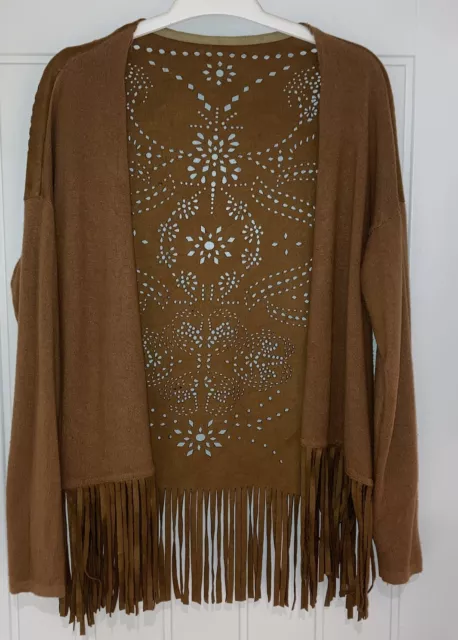 Hippy Boho Fringed Cardigan With Suedette Back Size XL