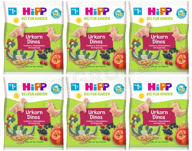 6 HIPP Organic Baby Cereal Snacks with Fruits Urkorn Dinos from 1 Year 30g