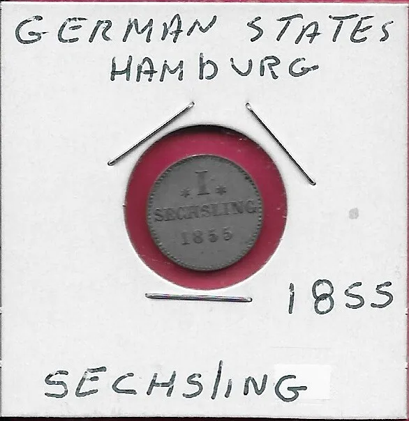 German States Hamburg Free City 1 Sechsling 1855 Castle,Denomination And Date,Be